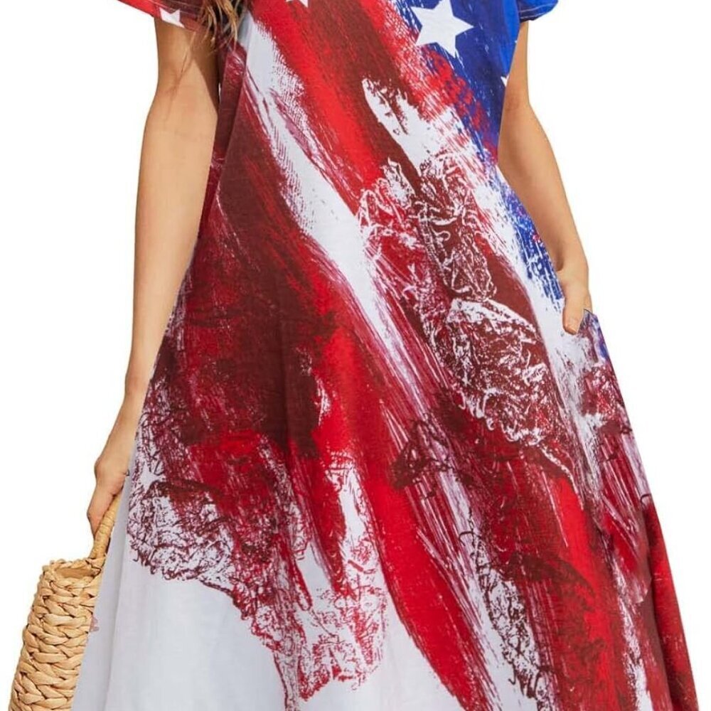 Women’s American Flag Dress Cotton Blend Patriotic 4th of July Summer